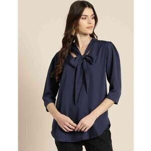 Colleen Lopez Navy Bow Neck Blouse Size M 3/4 Sleeve Keyhole Top